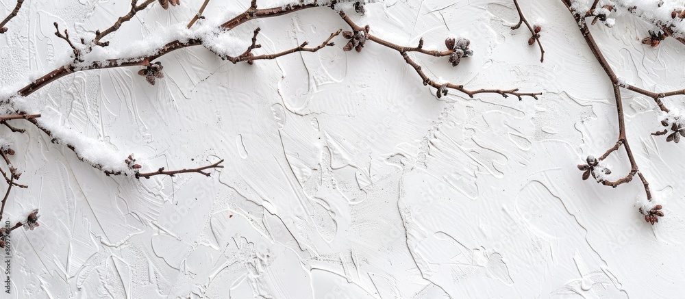 Aufkleber Snow-covered twigs on a white backdrop with a space for adding text in the image.