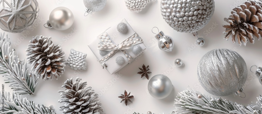 Poster top view of silver christmas decoration balls and a gift on a white background with a festive xmas p