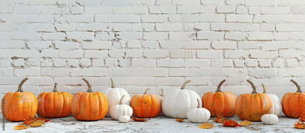 Poster pumpkins with a white brick wall as a backdrop creating a copy space image.