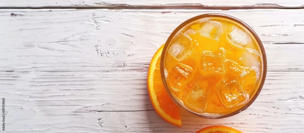 Aufkleber top view of a refreshing orange summer drink with ice on a white wooden surface with a blank area fo