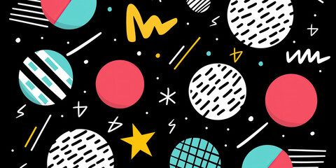 A vector illustration with a geometric pattern featuring circles, stars, and other shapes on a black background.