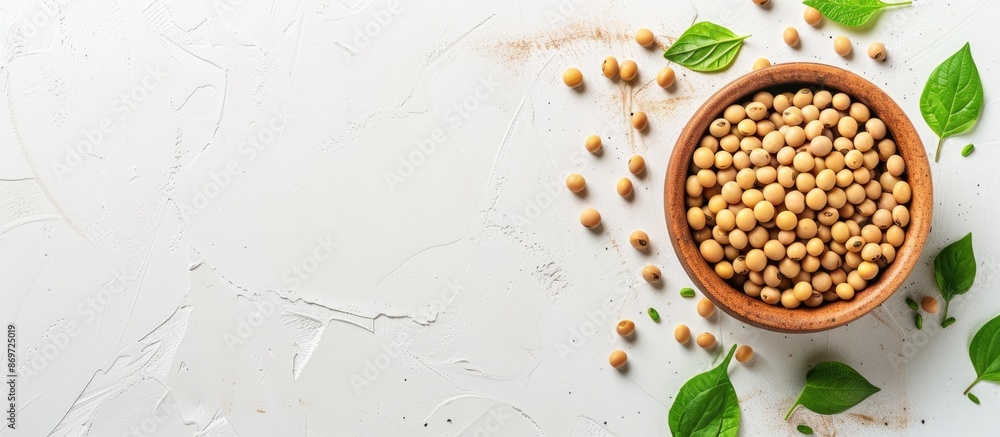 Poster healthy concept with soybeans in a bowl on a white table background, providing copy space image.