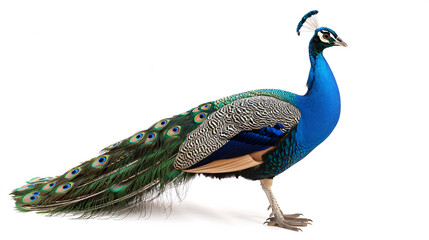 Fototapeta premium Peacock isolated on white background. Beautiful peacock with colorful feathers