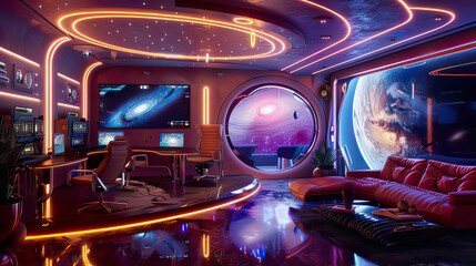 A high-tech gaming room with holographic screens and a view of a swirling galaxy, sleek furniture with ambient lighting, photorealistic and ultra-detailed 