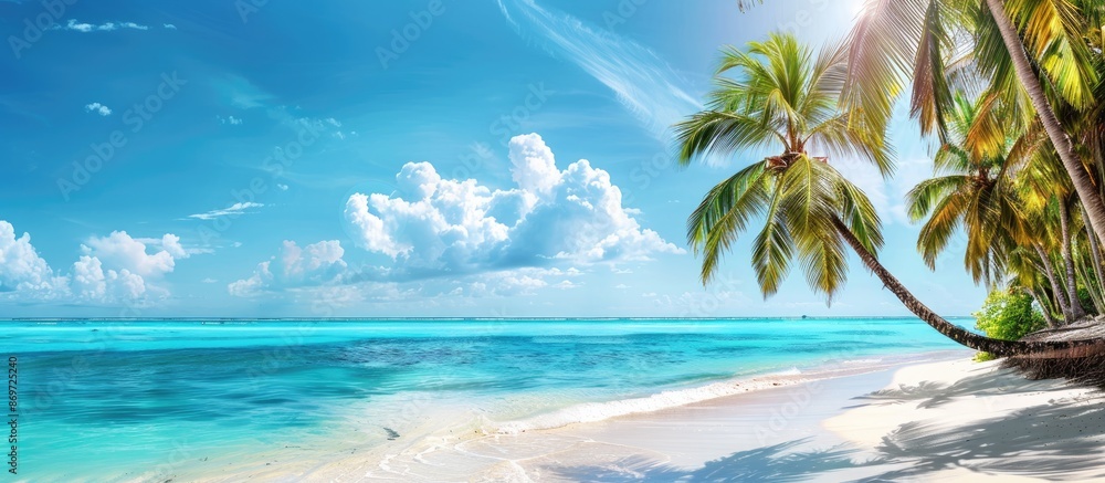 Poster seaside summer vacation with palm trees - copy space image.
