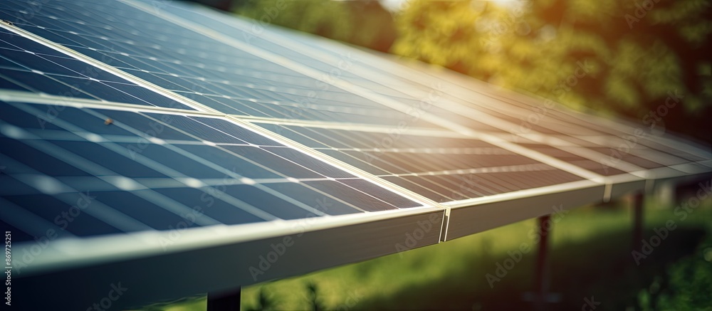 Poster Selective focus image showcasing a solar panel, a photovoltaic system as an alternative electricity source, with ample copy space in the frame.