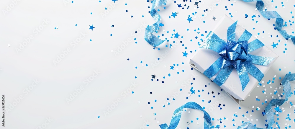 Poster blue themed birthday concept for a boy with a gift box placed on a white background in a top view fr
