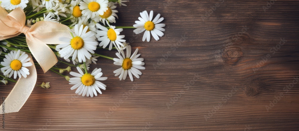 Poster Chamomile flowers and a ribbon on a wooden background provide a charming setting for a copy space image.