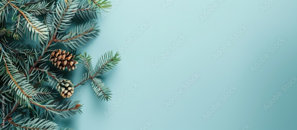 Poster a modern holiday-themed arrangement using green branches on a blue backdrop with a christmas tree br