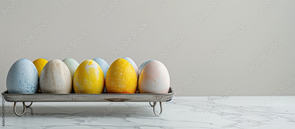 Poster easter eggs on a metal stand against a white background with copy space image.