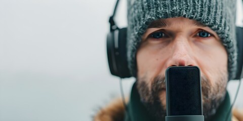 Authenticity in Action Man Recording Podcast or YouTube Video Speaking into Camera. Concept Authenticity, Podcast Recording, YouTube Video, Speaking into Camera