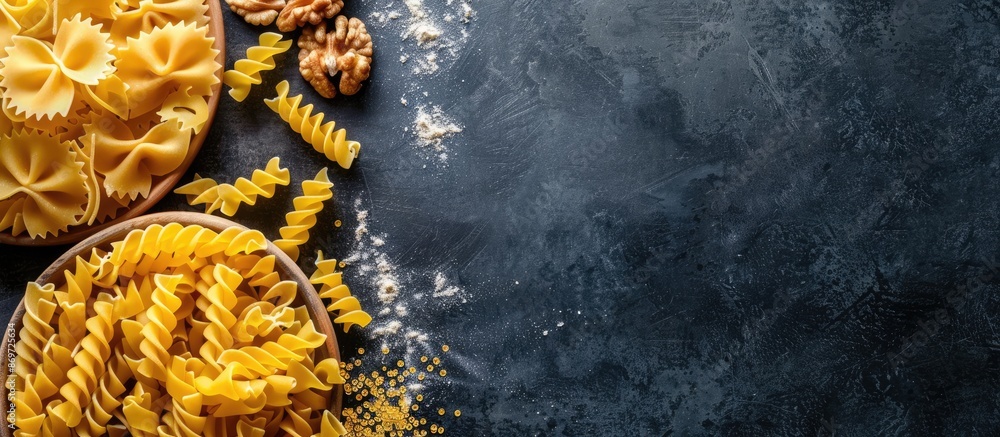 Poster dried pasta displayed on a dark tabletop with ample copy space image available.