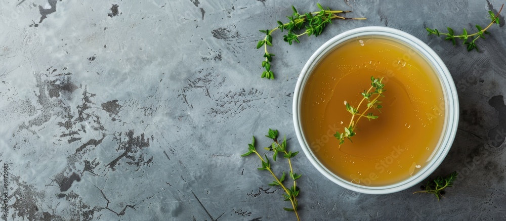 Aufkleber A nourishing bowl of broth on a gray background seen from above, creating an ideal layout for adding a picture or text, suitable for a banner design.
