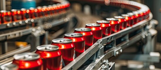 Aluminum soda and energy drink cans showcase mass production in the beverage industry, with a focus on manufacturing and packaging. Copy space image.