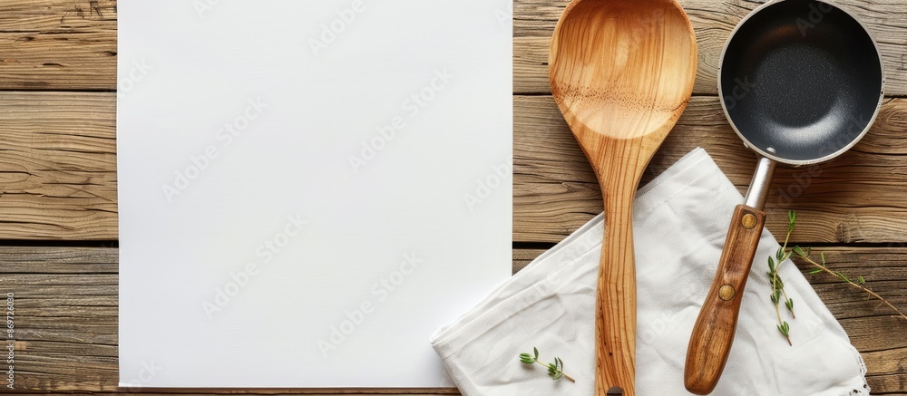 Poster a wooden spoon and a frying pan are displayed on a wooden surface alongside a white sheet of paper w