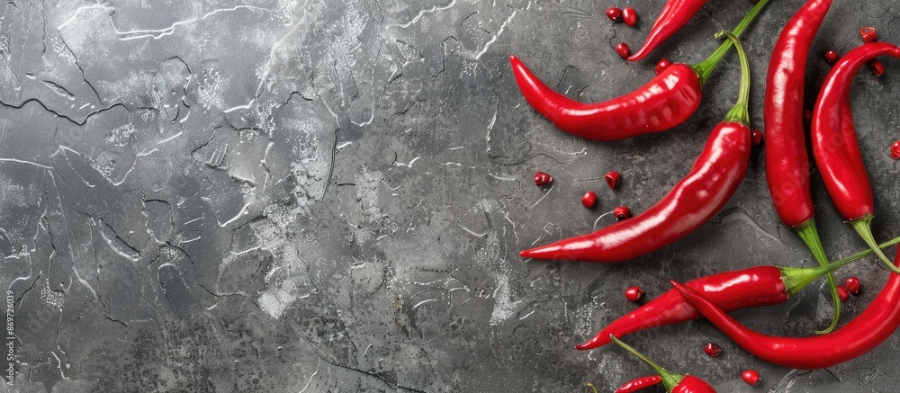 Aufkleber top view of red hot chili peppers on a concrete slate with a background ideal for adding text or gra