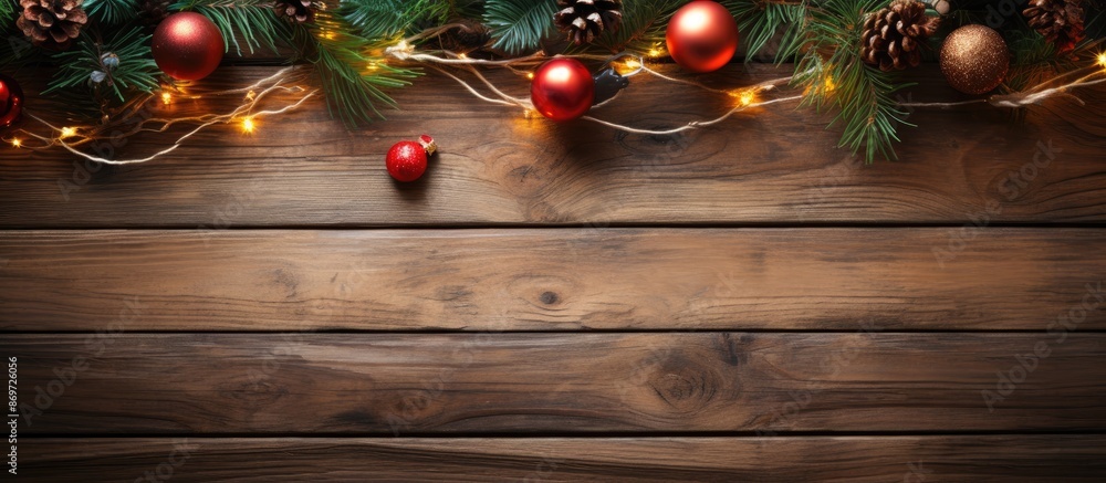 Aufkleber top view of christmas decorations on a wooden background with a copy space image.