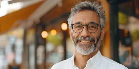 Confident Middle-aged European Cafe Owner Dreaming Happily Outside His Shop. Concept Dreamer, Cafe Owner, European, Middle-aged, Confident