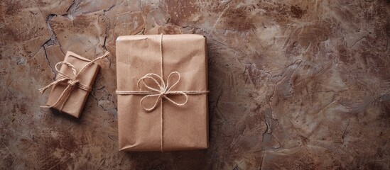 Top view of a gift box adorned in brown recycled paper, tied with a rope bag, set against a backdrop with copy space image.
