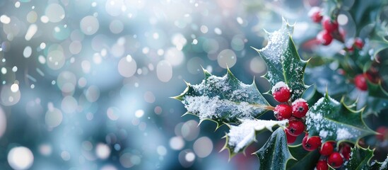 Snow-covered holly branch in a garden setting, creating a festive Christmas background with ample copy space image.