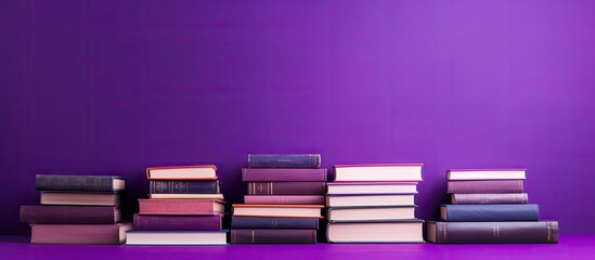 Books neatly stacked with a purple backdrop, ideal for a copy space image.