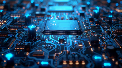 Obraz premium Circuit board blue theme semiconducter technology AI