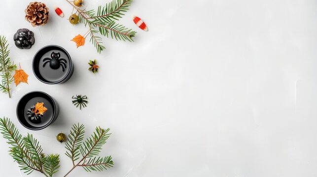 Top view of black Halloween-themed cocktails on a white background, Halloween, Spooky and festive drink ideas