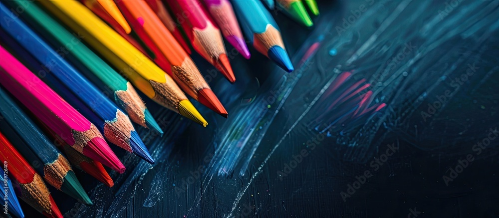 Poster colorful wooden pencils cascading on a dark board backdrop to depict back-to-school theme with suita