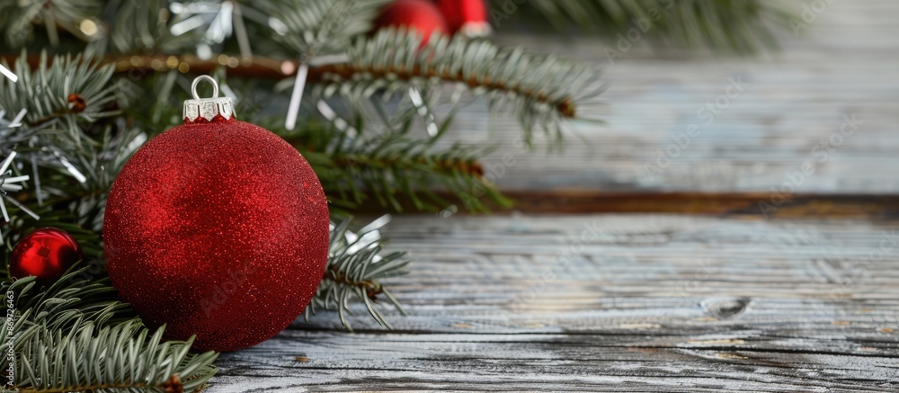 Poster An image depicting a festive New Year's arrangement featuring a red Christmas ball resting on green fir branches beside silver tinsel on a wooden backdrop with empty space for text or imagery.