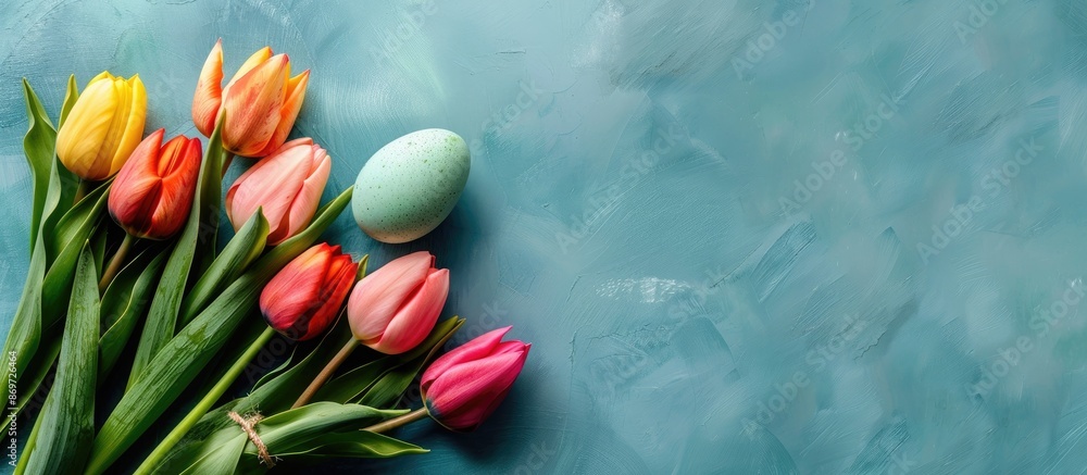 Poster easter-themed mockup featuring a tulip arrangement alongside colored eggs, viewed from above with co
