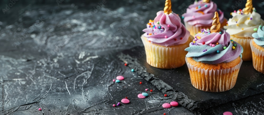 Poster Unicorn cupcakes creatively displayed on a black slate with ample copy space image.