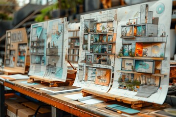 Fototapeta premium Architectural Drawings Displayed on Wooden Easels in a Design Studio