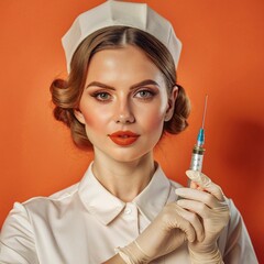 A nurse wearing an apron and hold on injection. face reaction thinking on a solid background. beautiful woman