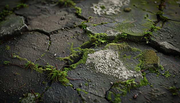 Close-up texture of moss growing on cracked stone.