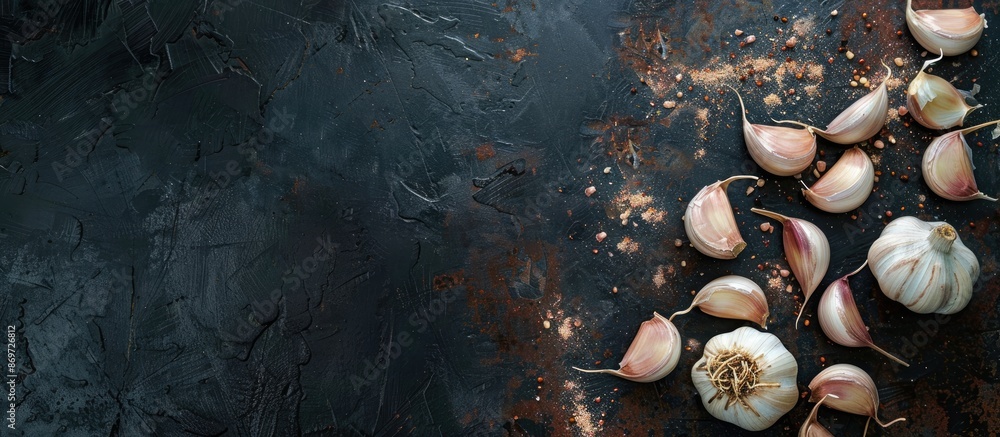 Aufkleber garlic seen from above on a dark background, showcasing available copy space image.