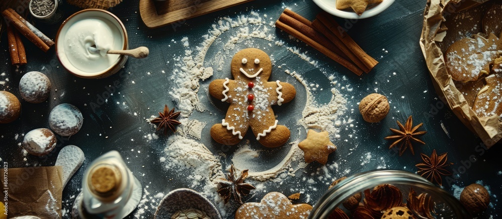 Poster arrangement of ingredients for creating a gingerbread man with new year's pastries on a kitchen tabl