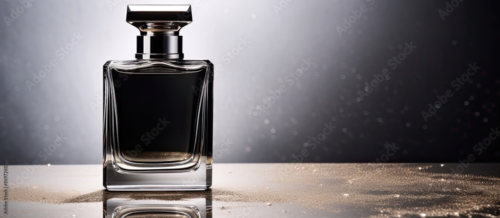 Poster black perfume bottle displayed on a shiny silver background with empty space for text or other eleme