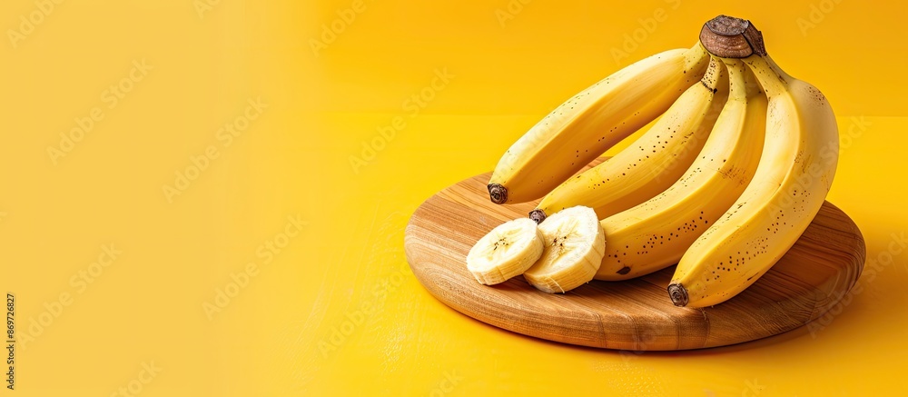 Poster A cluster of bananas and a sliced banana on a wood board isolated on a yellow backdrop with a copy space image.