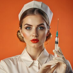 A nurse wearing an apron and hold on injection. face reaction thinking on a solid background. beautiful woman