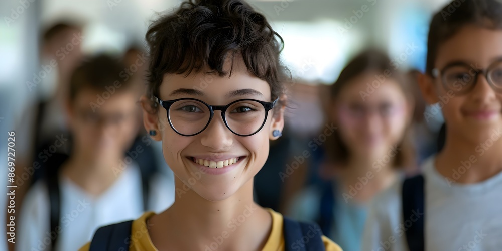 Poster nonbinary student joyfully posing with classmates in school hallway while wearing backpacks and unif
