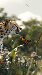 A cheetah watches butterflies flutter around a patch of wildflowers.