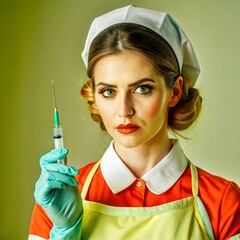 A nurse wearing an apron and hold on injection. face reaction thinking on a solid background. beautiful woman