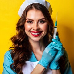 A nurse wearing an apron and hold on injection. face reaction thinking on a solid background. beautiful woman