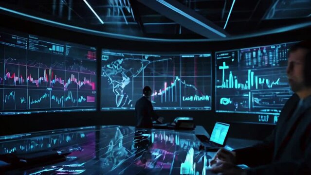 A high-tech trading floor with traders interfacing with holographic screens and gesture-controlled interfaces, surrounded by glowing data streams, futuristic stock market, 4K High-Quality animation
