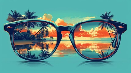 A tropical beach reflected in stylish sunglasses, showcasing a serene sunset with palm trees and calm waters.