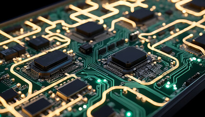 Obraz premium A close-up of a glowing circuit board with intricate pathways and components, ideal for technology, engineering, or computing projects.