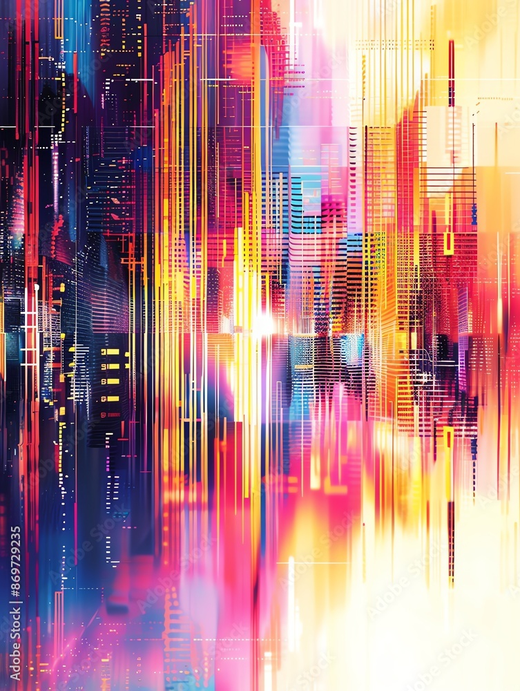 Poster dynamic digital abstract art with vibrant colors and geometric patterns, creating a sense of movemen