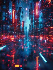 Obraz premium Futuristic neon-lit cityscape with vibrant lights and abstract reflections, illustrating a high-tech urban environment.