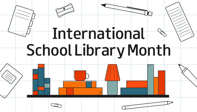 International School Library Month. October. Bookshelf and books in doodle style. Concept of School library, education, knowledge, childhood. Horizontal vector background.