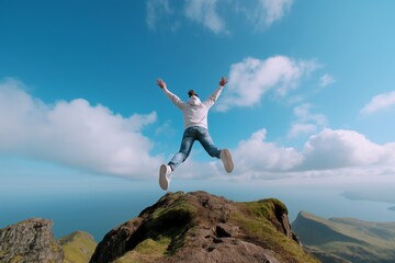 Person jumping joyfully on a rocky mountain top with a clear blue sky and scattered clouds in the background.